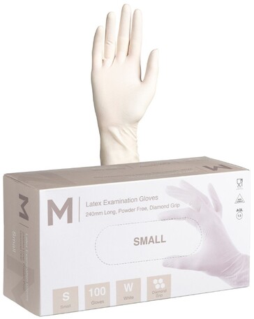 Latex Diamond Grip Examination Gloves Powder Free - White, S, 240mm Cuff, 8.0g   - Matthews